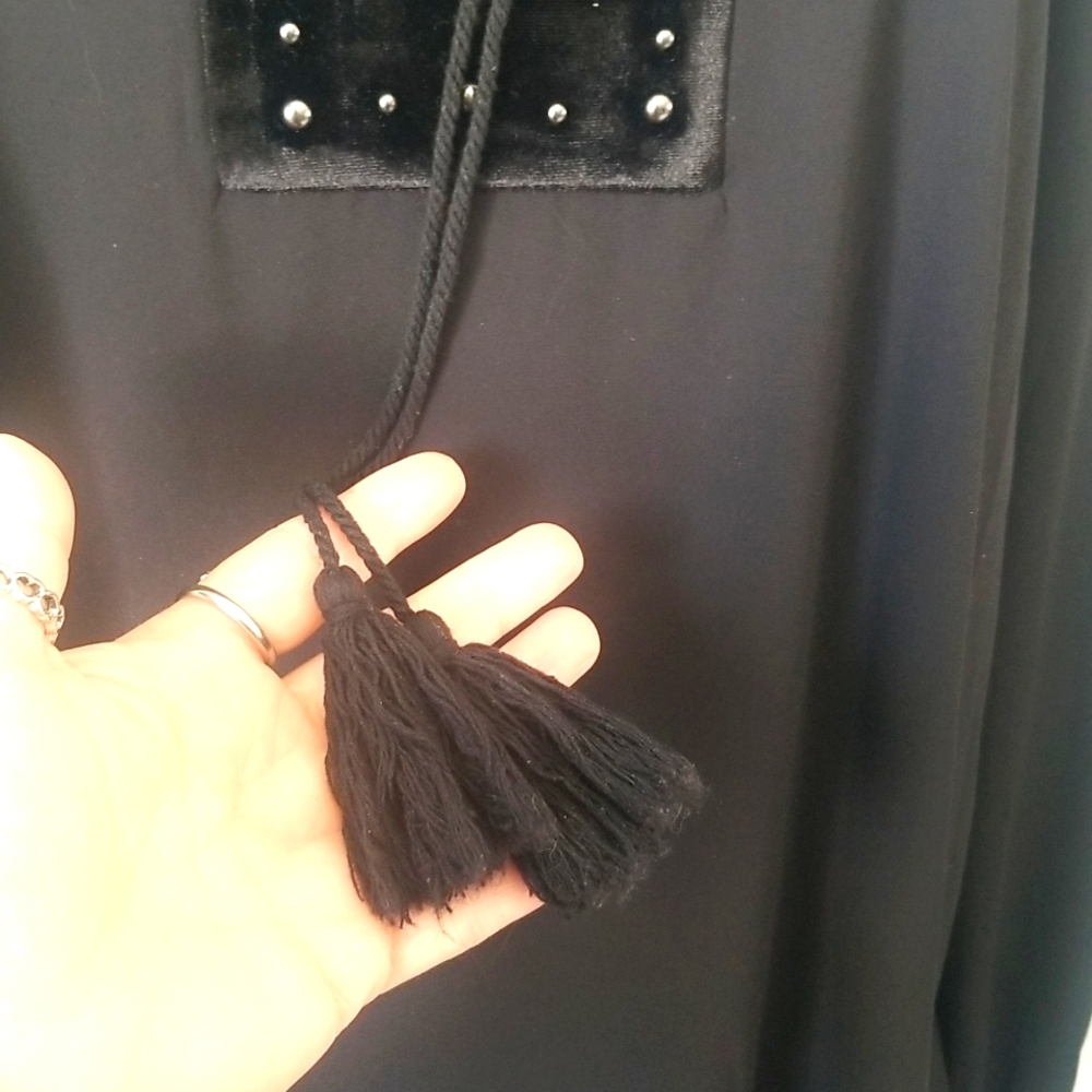 Vtg Whimsigoth Black Studded Peasant Blouse Velvet Trim Tassel Keyhole Top L - Picture 9 of 16